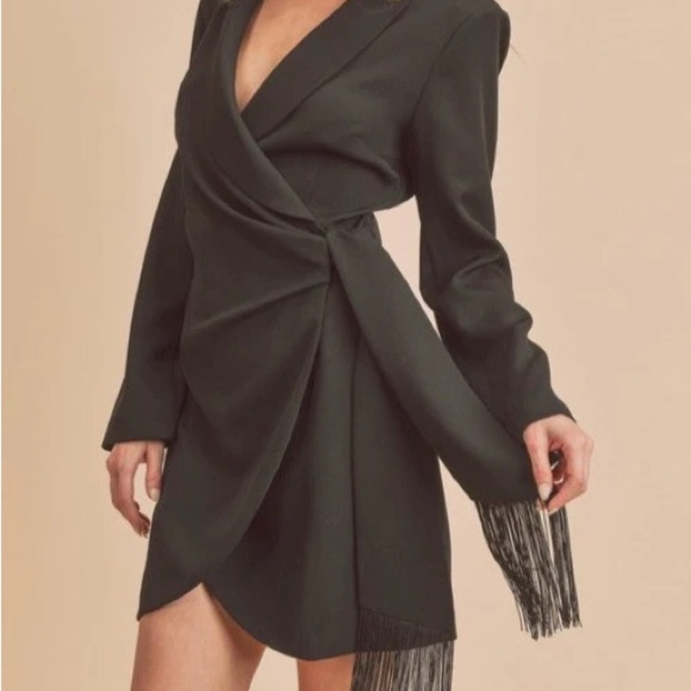 Zara Black Long Sleeve Wrap Dress with Tassel Tie